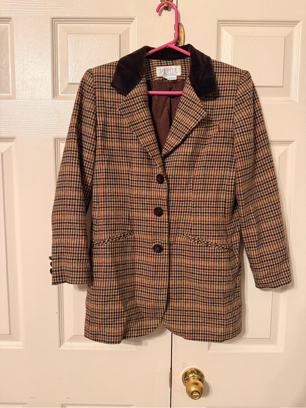 Petite Sophisticate Brown Plaid Blazer with Dark Brown Velvet Collar